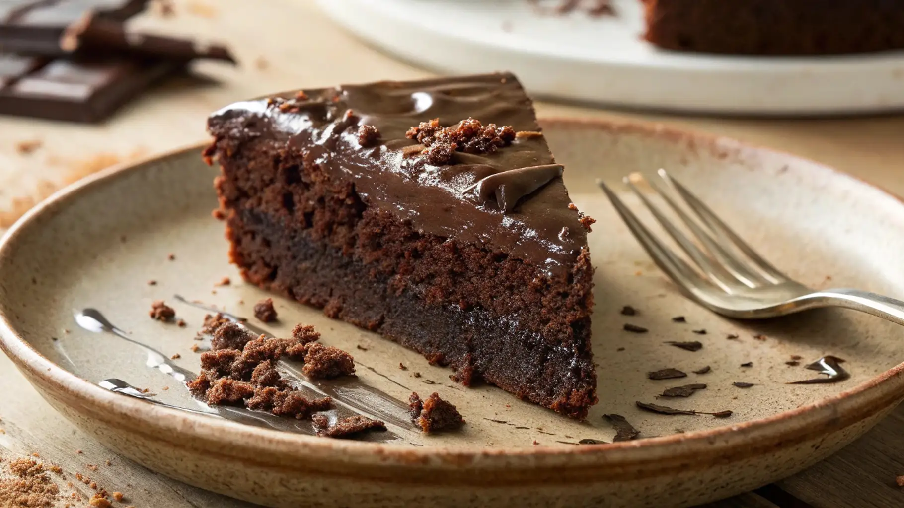 A slice of moist too much chocolate cake topped with glossy chocolate ganache on a rustic ceramic plate, with cake crumbs and a fork beside it.