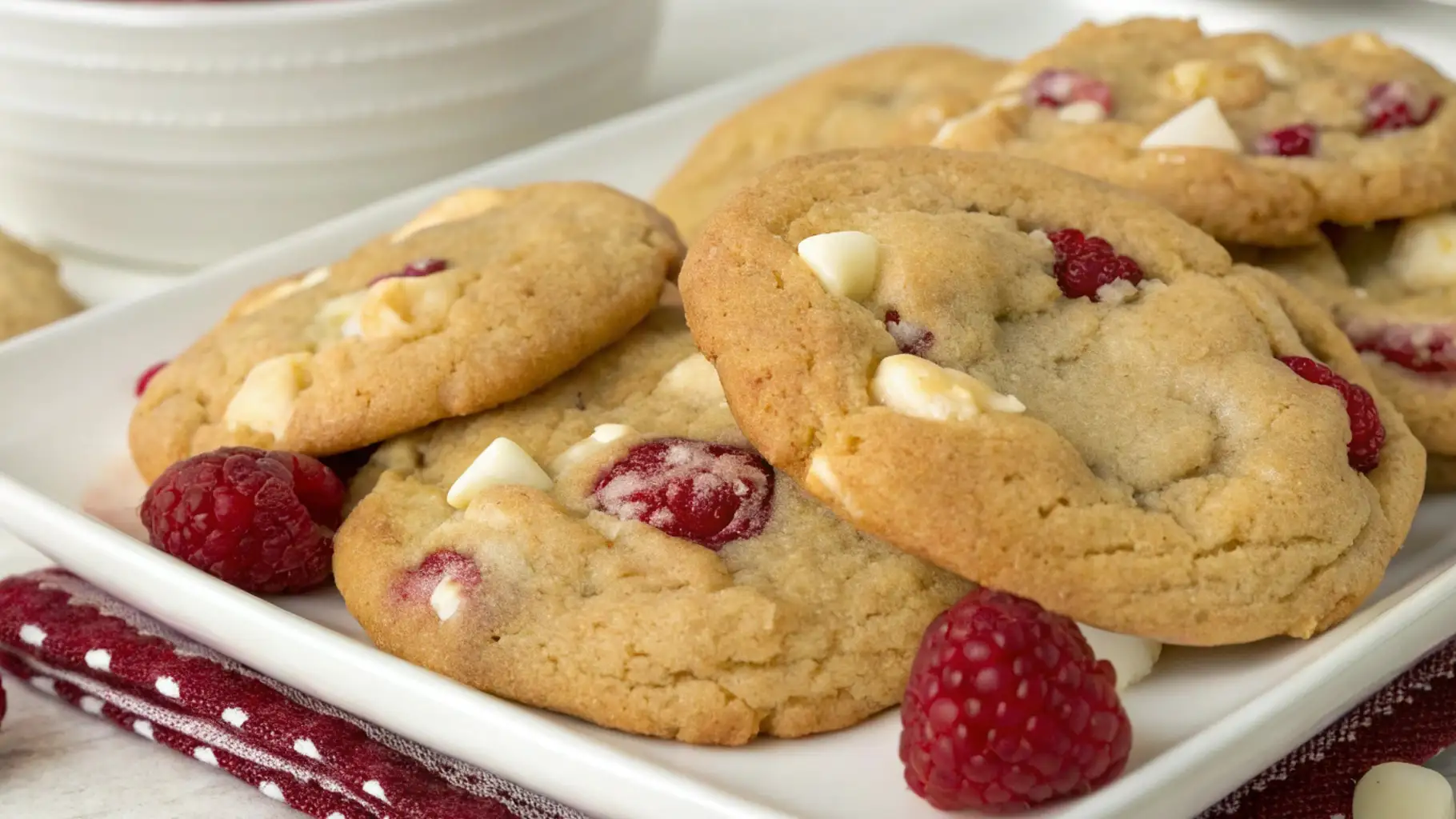 Close-up of freshly baked white chocolate raspberry cookies on a white plate with fresh raspberries.