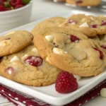 Plate of freshly baked white chocolate raspberry cookies with white chocolate chips and raspberries, served on a white plate.