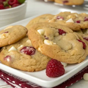 Plate of freshly baked white chocolate raspberry cookies with white chocolate chips and raspberries, served on a white plate.