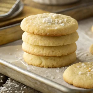 Stack of golden 3 ingredient sugar cookies on a parchment-lined baking tray, topped with coarse sugar.