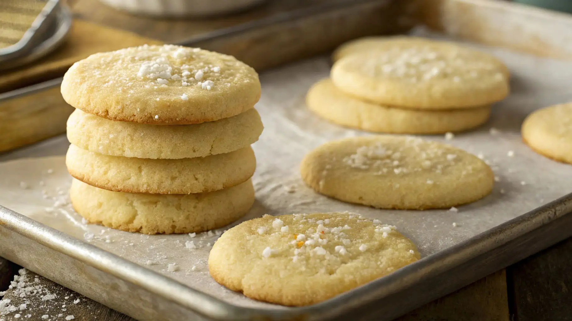 Freshly baked 3 ingredient sugar cookies stacked and spread on a parchment-lined baking tray, topped with coarse sugar crystals.