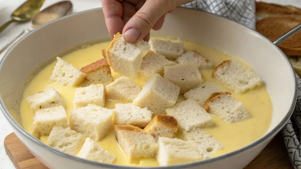 Gluten-Free Bread Pudding You’ll Love Every Bite Of 4 Dipping cubes of gluten-free bread into a custard mixture to soak for bread pudding preparation.
