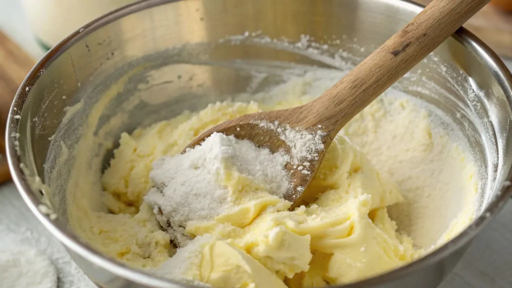 3 Ingredient Sugar Cookies You’ll Treasure Forever 2 Creamed butter and sugar being mixed in a stainless steel bowl with a wooden spoon during cookie dough preparation.