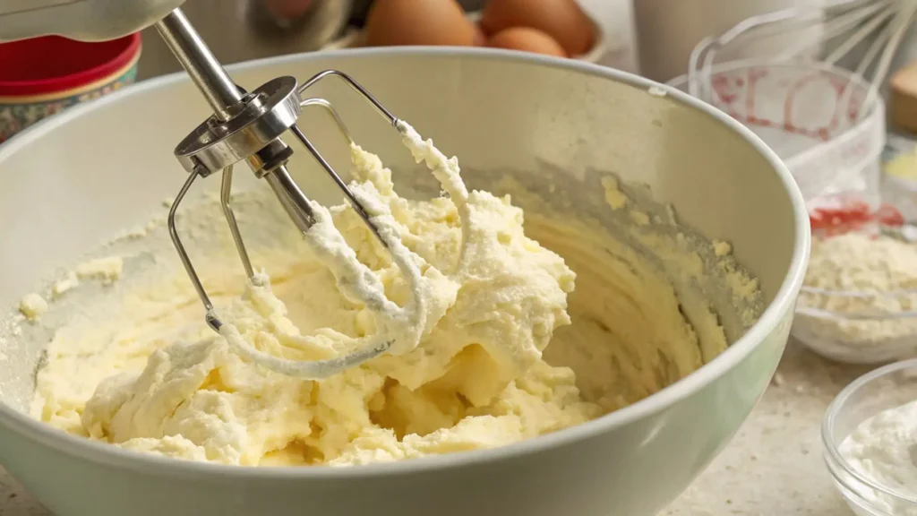 White German Chocolate Cake – Fall in Love with Every Bite 3 A close-up of a hand mixer creaming butter and sugar together in a mixing bowl, with eggs and ingredients in the background.