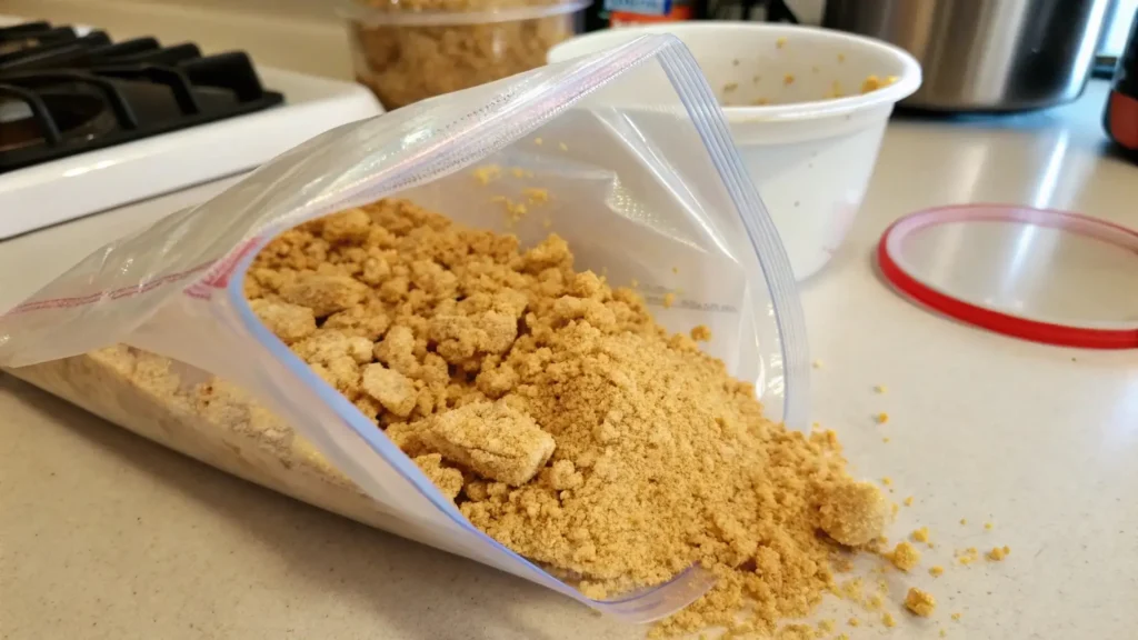 Nutter Butter Cream Pie Obsession You'll Instantly Love 2 Close-up of crushed Nutter Butter cookies spilling out of a zip-top bag, with cookie crumbs scattered on a kitchen counter.