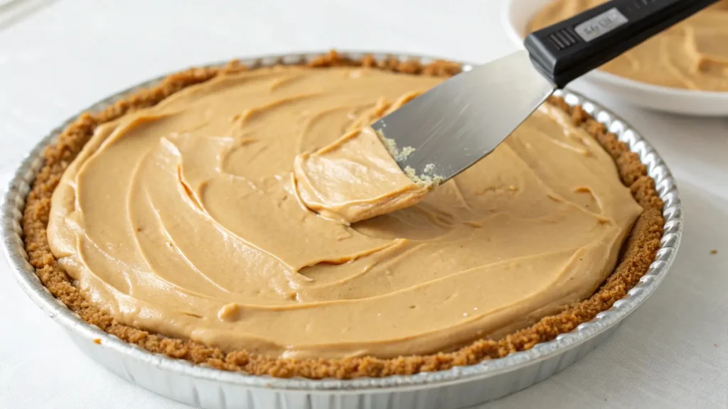 Nutter Butter Cream Pie Obsession You'll Instantly Love 3 Spreading creamy peanut butter filling into a Nutter Butter cookie crust with a spatula.