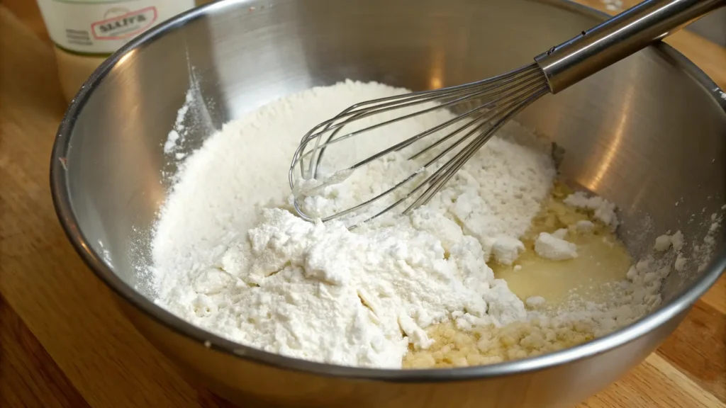 White German Chocolate Cake – Fall in Love with Every Bite 2 A close-up of a mixing bowl with flour and other dry ingredients being whisked together in preparation for baking.