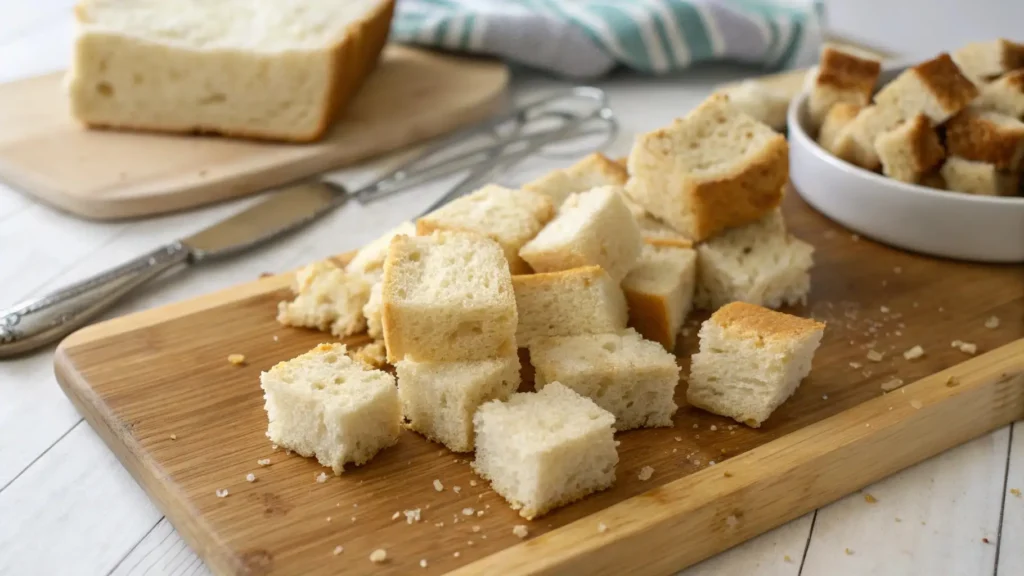 Gluten-Free Bread Pudding You’ll Love Every Bite Of 2 Freshly cut gluten-free bread cubes on a wooden cutting board, ready to be used for bread pudding.