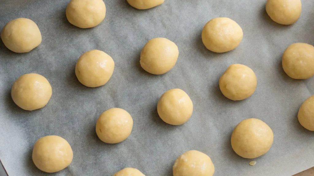 3 Ingredient Sugar Cookies You’ll Treasure Forever 3 Evenly spaced cookie dough balls on a parchment-lined baking sheet, ready for the oven.