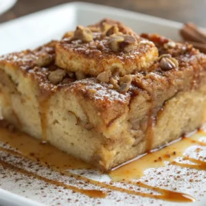 A close-up shot of a delicious gluten-free bread pudding with caramel sauce, powdered sugar, and chopped nuts on top.