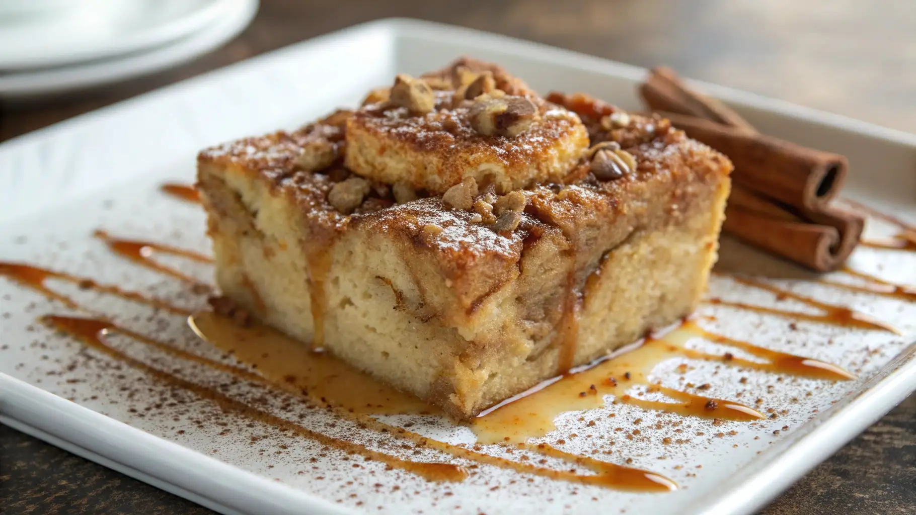 A delicious serving of gluten-free bread pudding drizzled with caramel sauce, topped with cinnamon, powdered sugar, and chopped nuts.