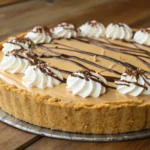 A beautifully decorated Nutter Butter cream pie with whipped cream swirls, chocolate drizzle, and cookie crumbles on top.