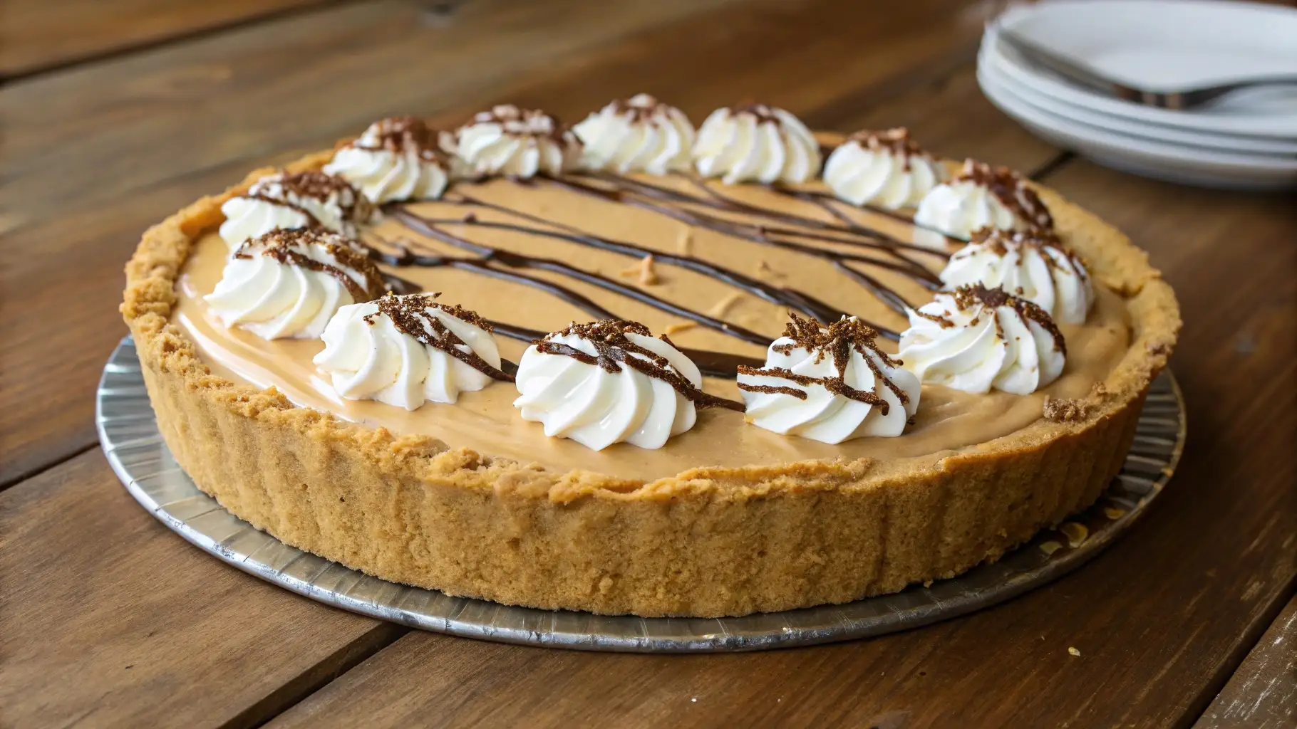 Close-up of a creamy Nutter Butter cream pie with whipped cream and chocolate drizzle, placed on a rustic wooden table.
