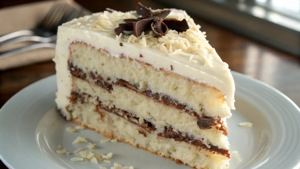 A slice of White German Chocolate Cake with layers of chocolate frosting, topped with shredded coconut and chocolate curls.