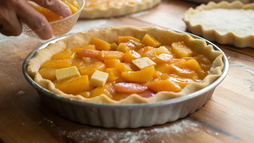 A hand pouring sweet peach filling into a pie crust, with small butter cubes dotted on top, showing the assembly process of a homemade canned peach pie.