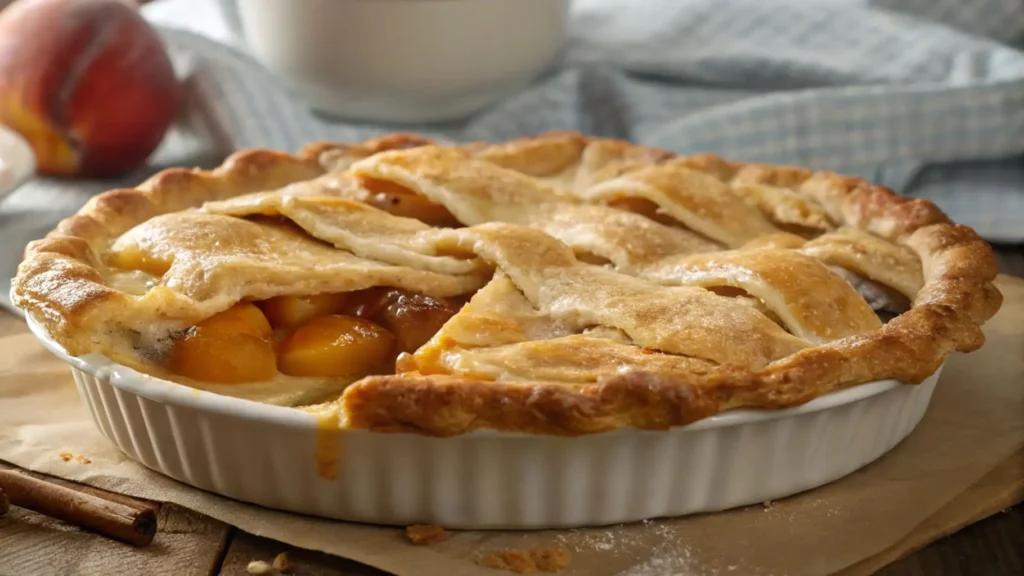 A freshly baked peach pie with a golden lattice crust, filled with juicy canned peaches, resting on a rustic wooden table beside a bowl of vanilla ice cream and a blue checkered cloth.
