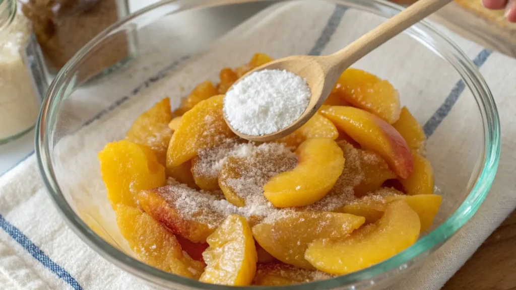 A glass mixing bowl filled with canned peach slices being sprinkled with sugar and cornstarch from a wooden spoon, showing the first step in making peach pie filling.
