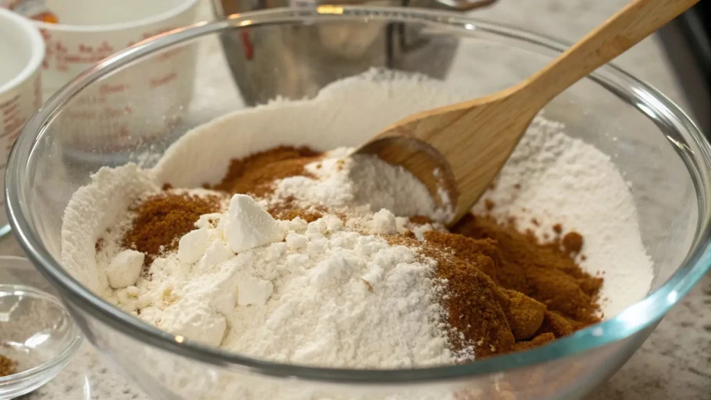 Glass mixing bowl with flour, baking soda, cinnamon, and sugar being stirred with a wooden spoon, ready to combine for banana bread.