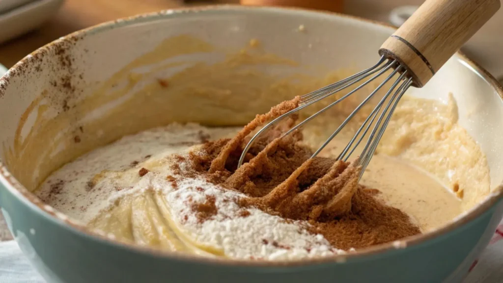 Whisk mixing cake mix and cinnamon into banana bread batter in a large bowl.