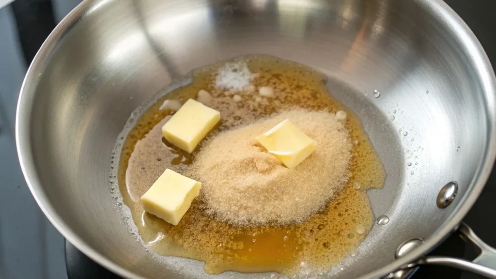 Close-up of a stainless steel pan on the stove with melting butter and a mound of brown sugar forming the caramel topping for pineapple upside down cake.