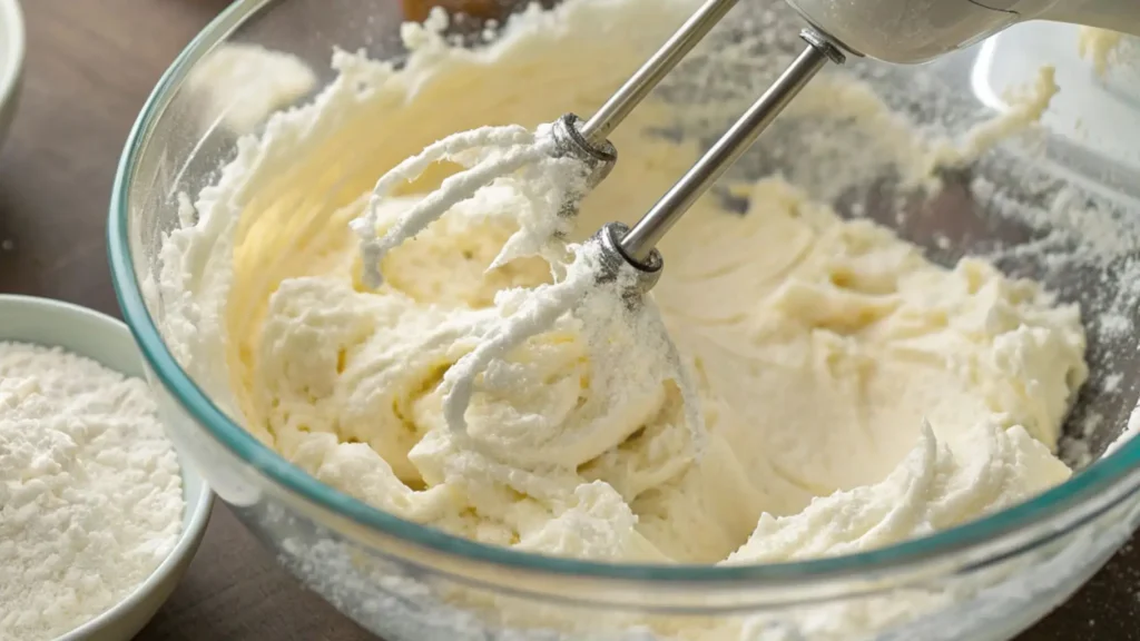 Electric mixer beaters blending thick powdered sugar frosting in a glass mixing bowl.