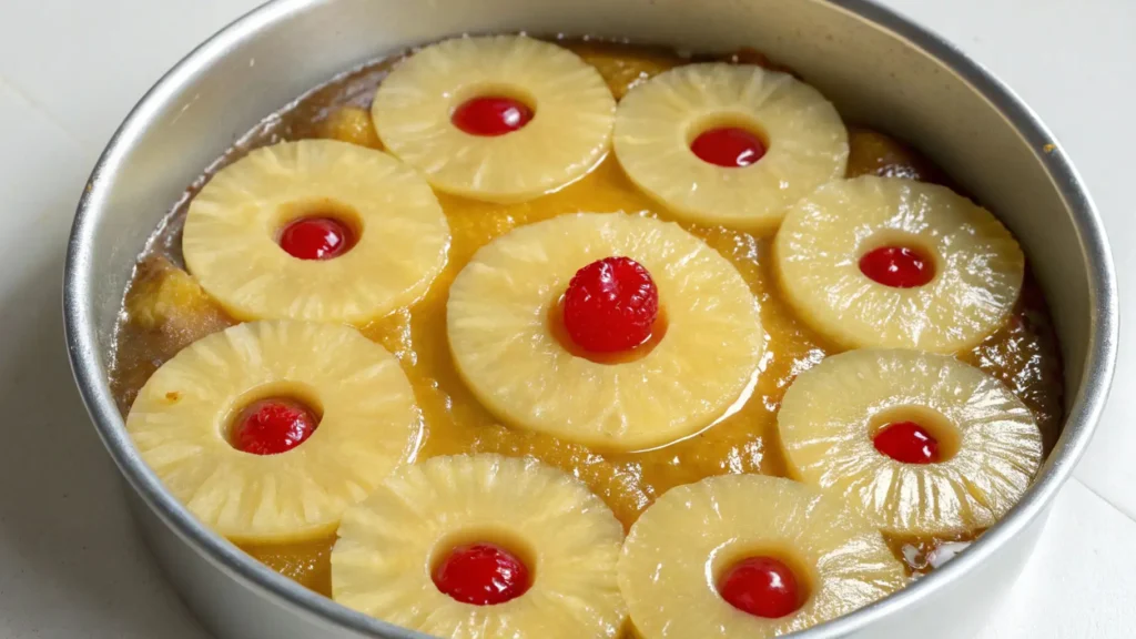 Round cake pan filled with a layer of caramel and neatly arranged pineapple rings, each topped with a bright red maraschino cherry, ready for cake batter.