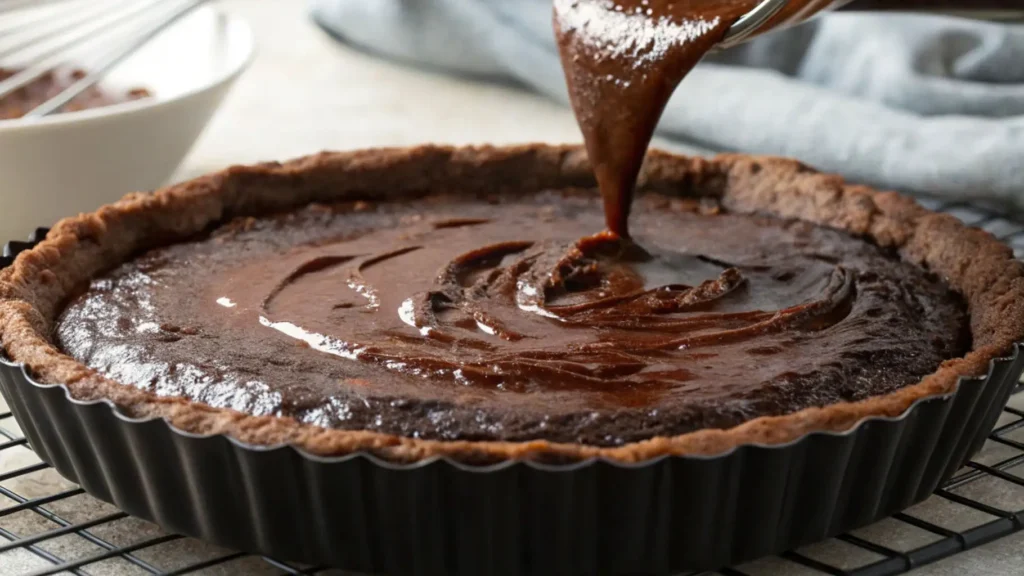 Chocolate filling being poured over a baked brownie layer inside a tart crust cooling on a wire rack.