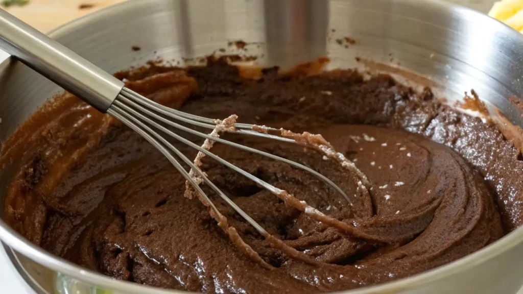A close-up of a whisk stirring a rich, chocolate batter in a mixing bowl. The batter is smooth and thick, with a glossy texture and small flecks of cocoa.