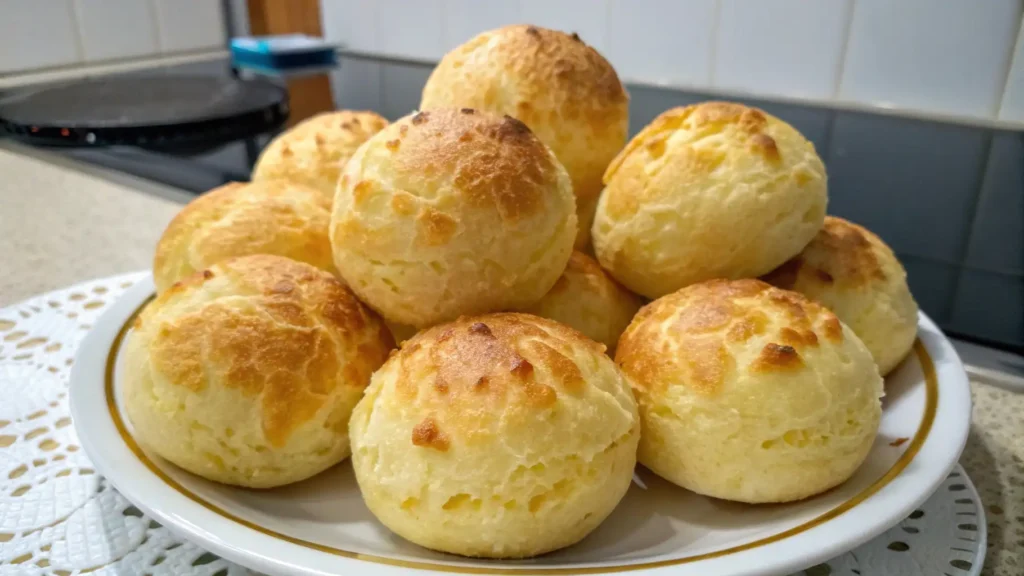 Stacked golden Brazilian cheese bread rolls (pão de queijo) on a white plate, displayed on a kitchen counter with a blurred stovetop in the background.