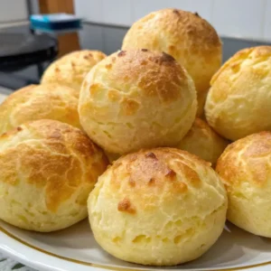 Close-up of round, golden Brazilian cheese bread rolls stacked on a white plate, showing their crisp tops and soft, airy texture.