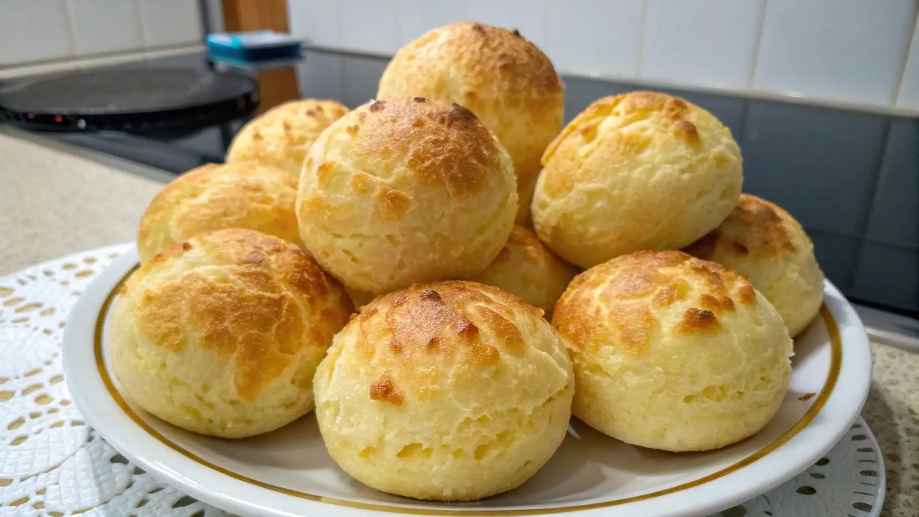 Stacked golden Brazilian cheese bread rolls (pão de queijo) on a white plate, displayed on a kitchen counter with a blurred stovetop in the background.
