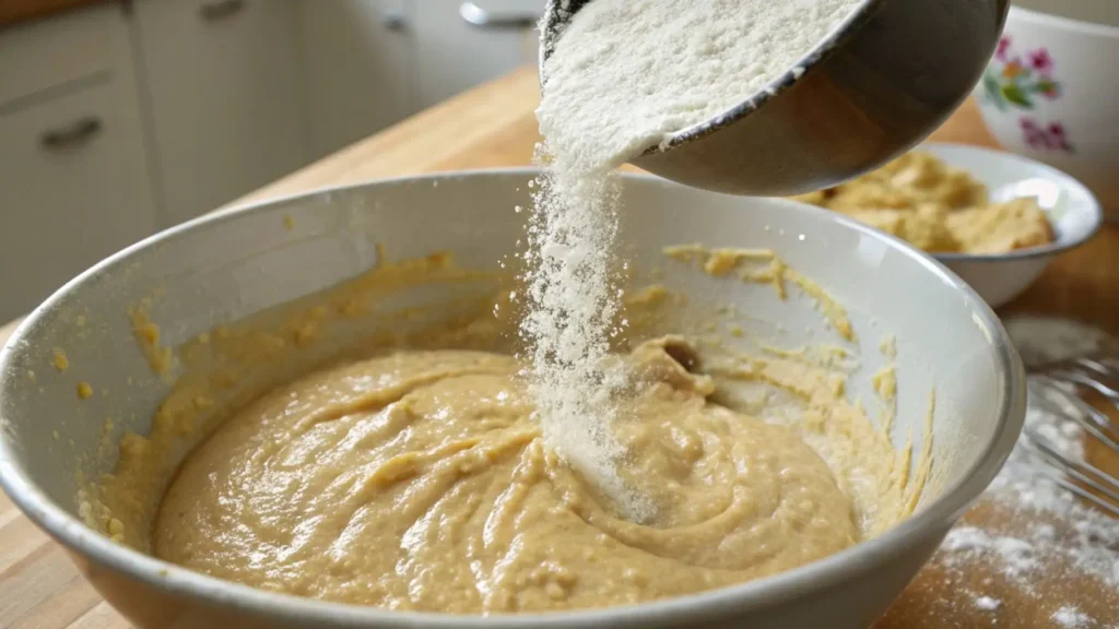 Flour being poured into a bowl of banana bread batter in a home kitchen.