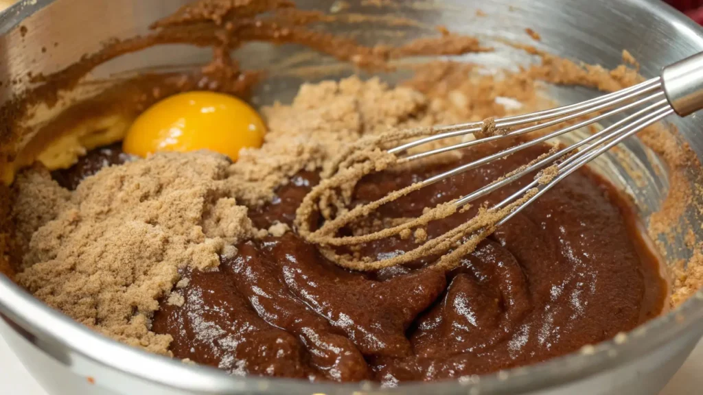 A close-up shot of chocolate cookie dough in a mixing bowl, with a raw egg and brown sugar added. A whisk is stirring the mixture, which has a thick, fudgy consistency.