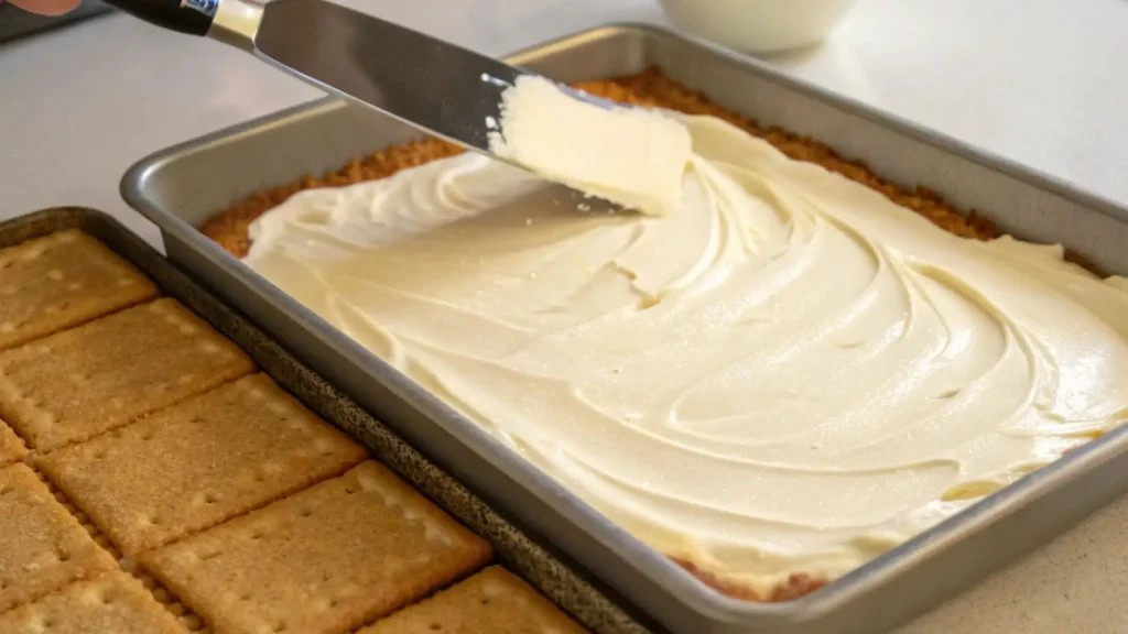 Hand using an offset spatula to spread a thick layer of vanilla cream filling over a graham cracker crust in a rectangular baking pan, with a tray of plain graham crackers beside it.