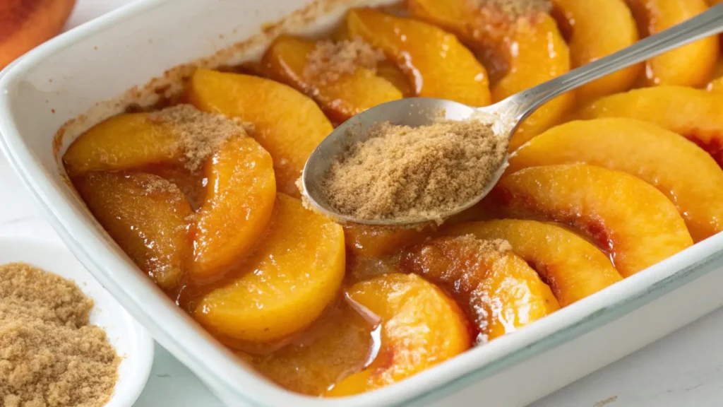 Sliced canned peaches in syrup arranged in a white baking dish while a spoon sprinkles brown sugar over the top.