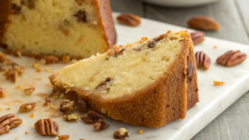 Close-up of a thick slice of Butter Pecan Pound Cake on a marble board, golden crust and pecan-speckled crumb, with scattered toasted pecans and crumbs, Bundt in soft focus behind.