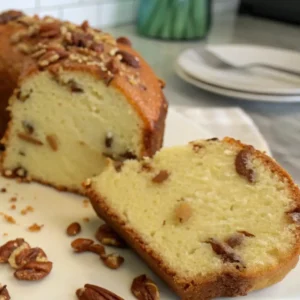 Close-up of a sliced Butter Pecan Pound Cake on a white board, a thick slice in front showing a moist, pecan-studded crumb; crumbs and nuts scattered, plates and fork blurred behind.
