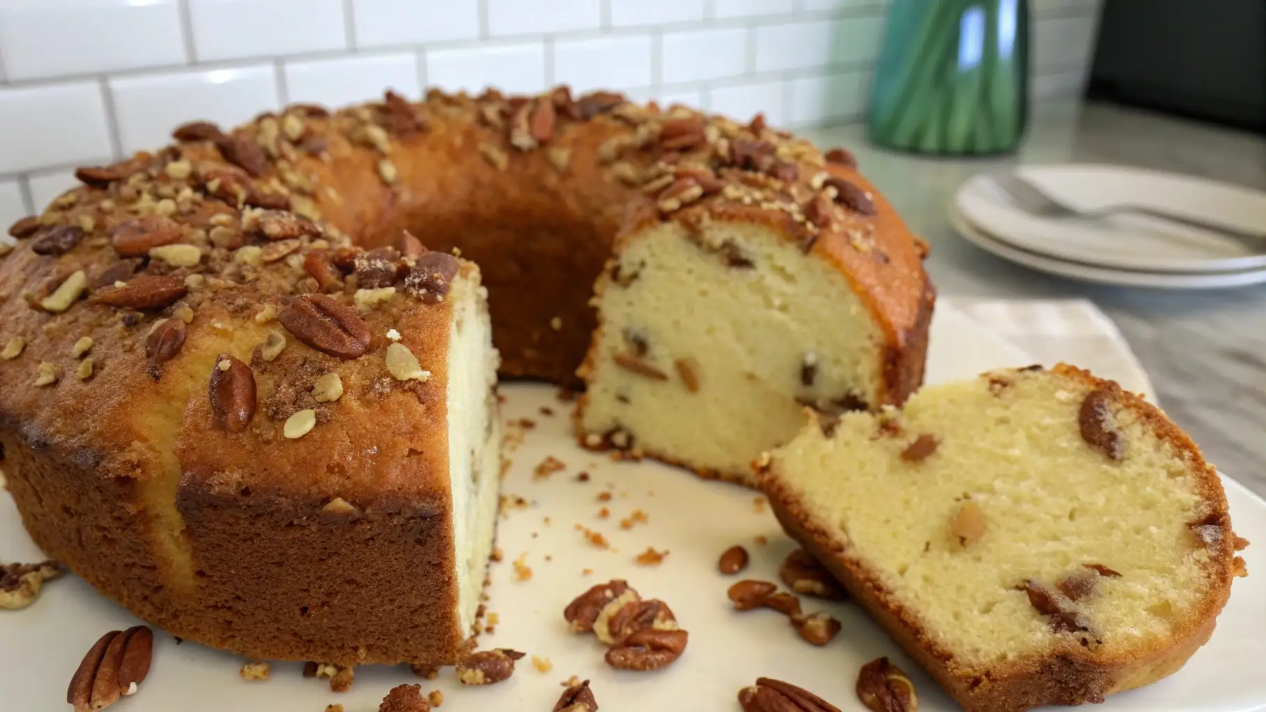 Close-up of a sliced Butter Pecan Pound Cake on a white plate, golden Bundt topped with chopped pecans, moist crumb studded with pecan pieces, crumbs scattered, kitchen tile background.