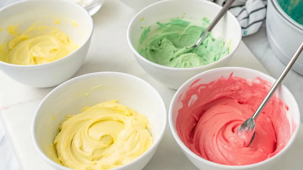 Bowls of colored frosting in shades of yellow, green, and pink, each mixed smoothly with a spoon.
