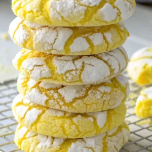 Stack of bright yellow crinkle cookies coated in cracked powdered sugar on a cooling rack.