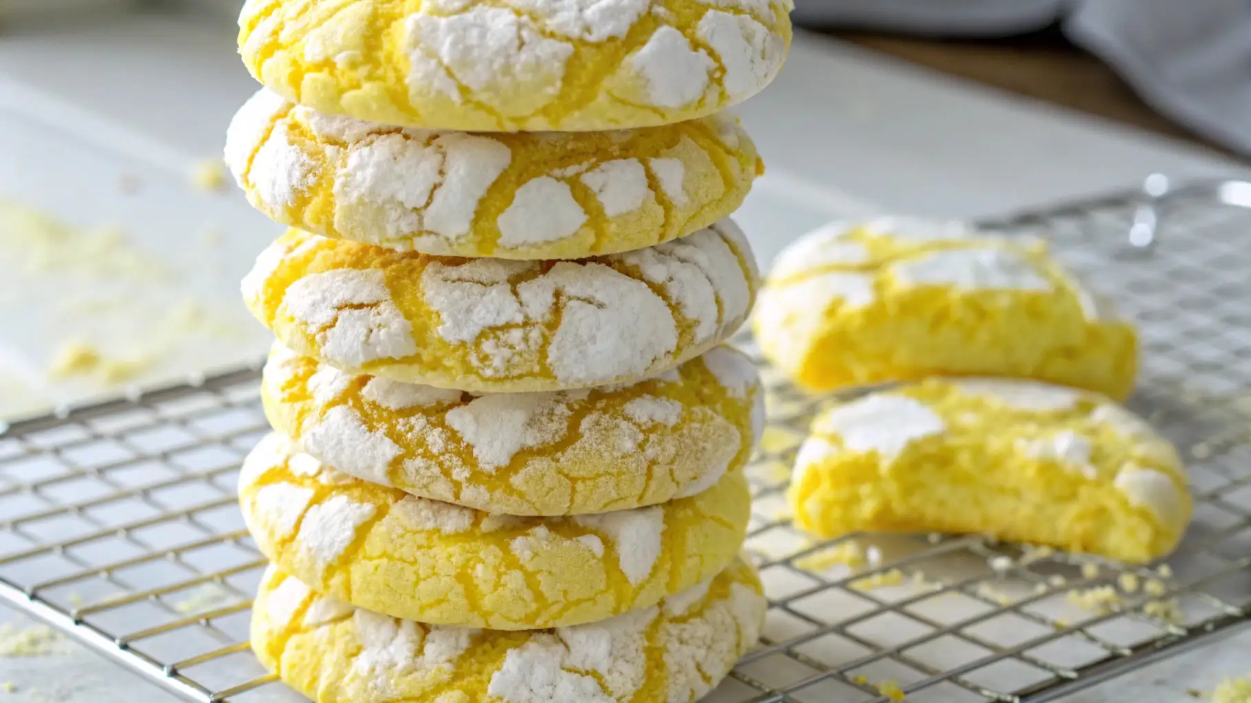Stack of bright yellow Cool Whip cookies coated in powdered sugar on a cooling rack, with a bitten cookie and crumbs visible in the background.