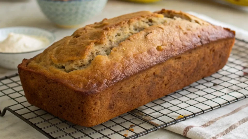 Freshly baked loaf of healthy banana bread cooling on a wire rack.