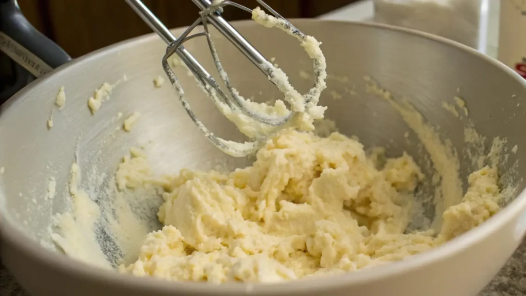 Large mixing bowl filled with creamed butter and sugar, with electric mixer beaters coated in the pale, fluffy mixture.