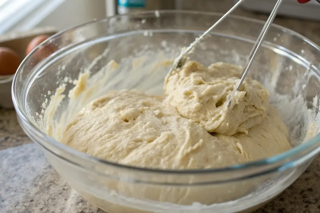 Elastic semolina bread dough in a glass bowl, lifted with a Danish dough whisk to show gluten development and small surface bubbles.