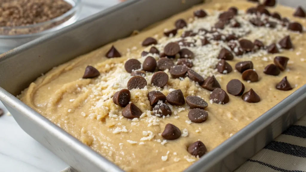 Loaf pan filled with banana bread batter topped with chocolate chips and a light sugar sprinkle, smoothed and ready to bake.