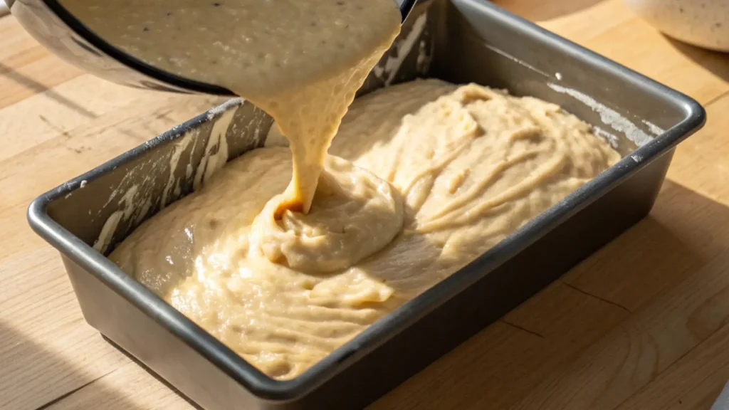 Banana bread batter being poured from a bowl into a greased loaf pan on a wooden counter.