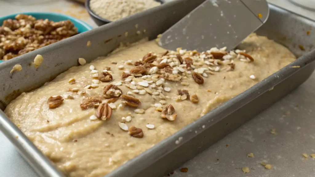 Loaf pan filled with gluten free banana bread batter topped with oats and chopped nuts, ready to be baked, with a spatula smoothing the surface.