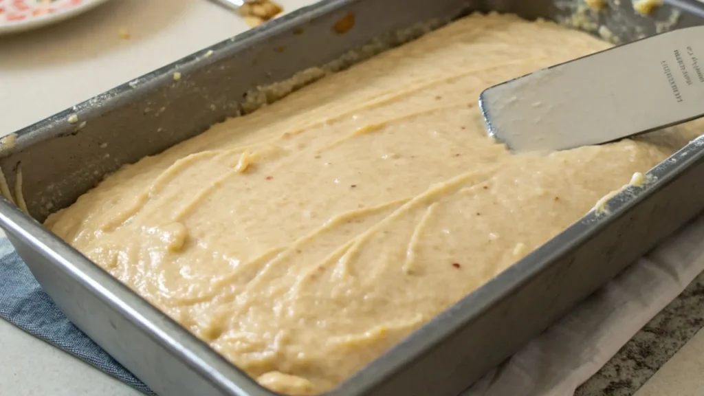 Banana bread batter in a loaf pan being smoothed with an offset spatula before baking.