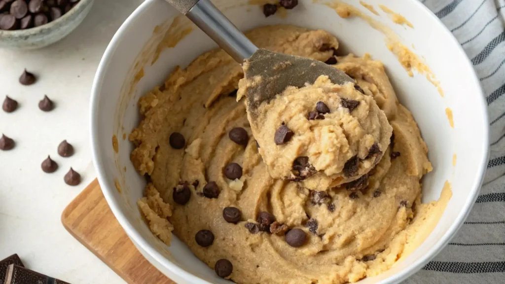 Bowl of gluten free chocolate chip cookie dough with a spatula lifting a scoop, showing chocolate chips mixed throughout.